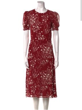 Reformation Red Floral Midi Dress with Puff Sleeves